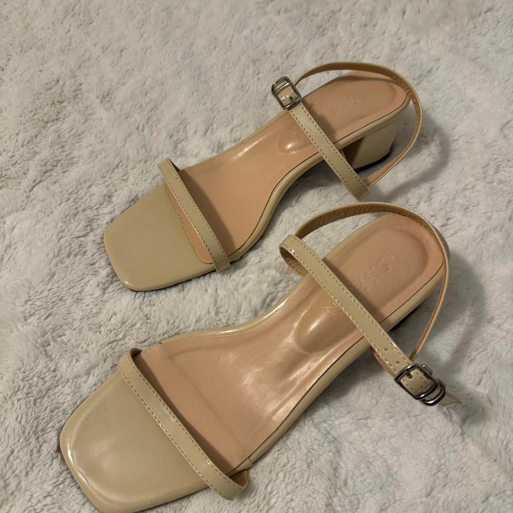 cream/nude strappy heels w/ low block heel